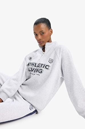 DeFactoFit Oversize Geniş Kalıp Dik Yaka Baskılı Sporcu Sweatshirt D7754AX25SPGR93