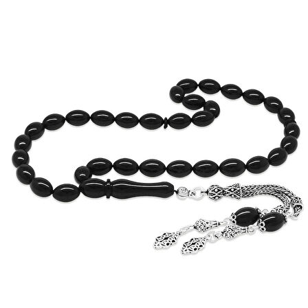 925 Ayar Gümüş Çift Püsküllü Arpa Kesim Siyah Sıkma Kehribar Tesbih