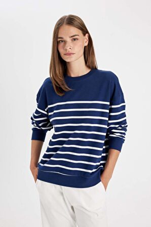 DeFacto Relax Fit Bisiklet Yaka Çizgili İnce Basic Sweatshirt A9255AX24WNNV42