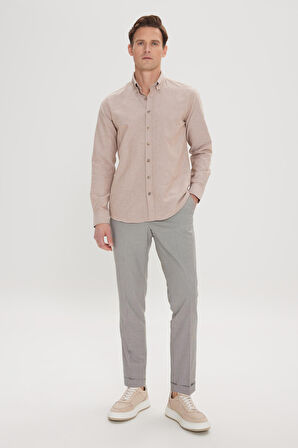 Erkek Vizon Düğmeli Yaka Tailored Slim Fit Oxford Gömlek