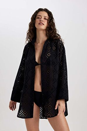 DeFacto Regular Fit Pamuklu Delik İşlemeli Siyah Plaj Gömleği-Fall in Love C0506AX24SMBK27