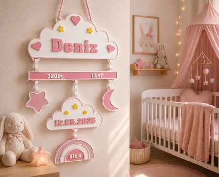 Kişiye Özel Bebek Doğum Panosu | İsim, Doğum Tarihi, Saat, Boy ve Kilo Yazılı | Bebek Odası Duvar Dekoru