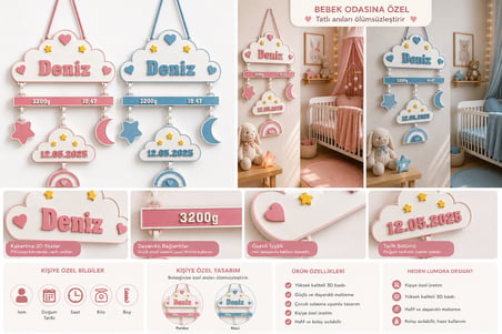 Kişiye Özel Bebek Doğum Panosu | İsim, Doğum Tarihi, Saat, Boy ve Kilo Yazılı | Bebek Odası Duvar Dekoru