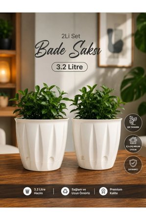 Bade Saksı 3,2 Lt Parlak Plastik Kendinden Tabaklı Drenajlı Çiçek Saksısı 2li Set
