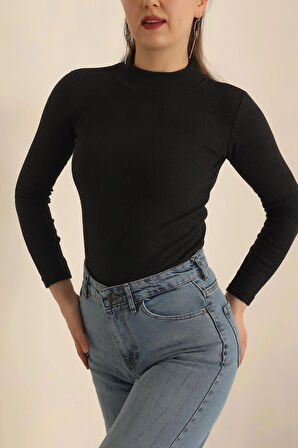 Kadın Fitilli Slim Fit Uzun Kol Body – Siyah Triko Bady – Vücudu Saran Dar Kalıp