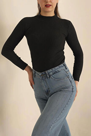 Kadın Fitilli Slim Fit Uzun Kol Body – Siyah Triko Bady – Vücudu Saran Dar Kalıp