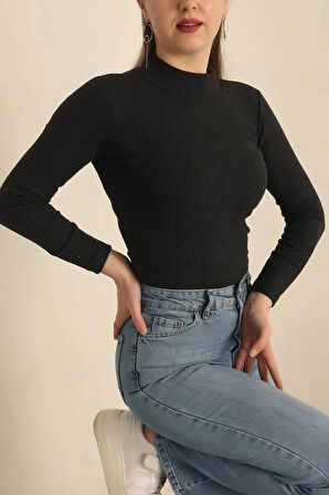 Kadın Fitilli Slim Fit Uzun Kol Body – Siyah Triko Bady – Vücudu Saran Dar Kalıp