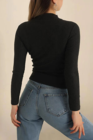 Kadın Fitilli Slim Fit Uzun Kol Body – Siyah Triko Bady – Vücudu Saran Dar Kalıp