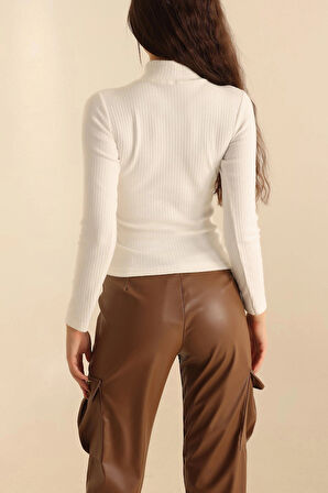 Kadın Fitilli Slim Fit Uzun Kol Body – Beyaz &' Ekru Triko Bady – Vücudu Saran Dar Kalıp