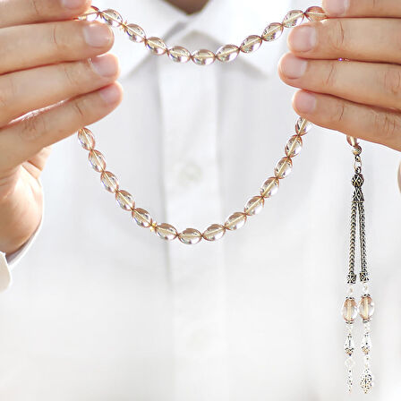 925 Ayar Gümüş Çift Püsküllü Arpa Kesim Şeffaf Beyaz Ateş Kehribar Tesbih