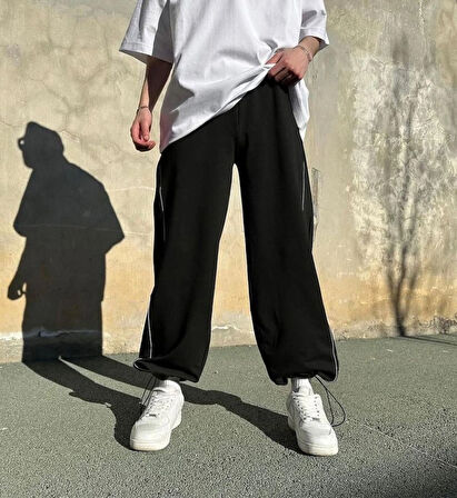 Oversize Şerit Detaylı Ayarlanabilir Paça Stoperli Baggy Eşofman Altı – %100 Pamuk – Unisex