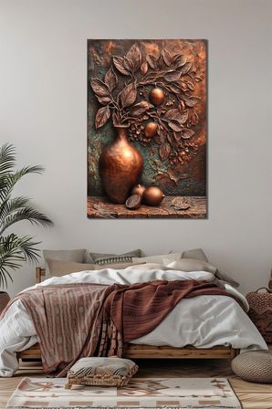 Vazo ve Yaprak Desenli Baskılı Cam Tablo – Modern Vintage Çiçek UV Baskı Dekoratif Duvar Tablosu