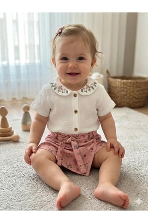 Kız Bebek Çiçek Nakışlı Müslin Gömlek ve Çiçekli Şort Etek Takımı
