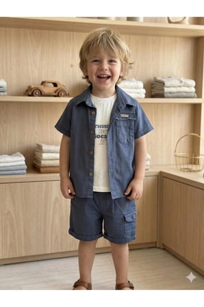Erkek Çocuk Denim Şortlu Takım – Baskılı Tişört & Gömlekli 3’lü Yazlık Kombin