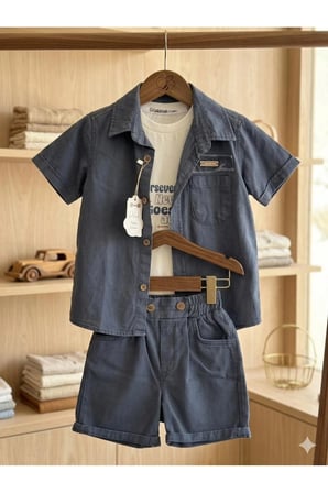 Erkek Çocuk Denim Şortlu Takım – Baskılı Tişört & Gömlekli 3’lü Yazlık Kombin