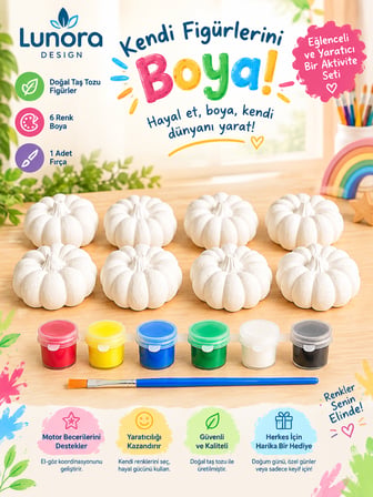 Taş Tozu Balkabağı Boyama Seti – 8 Adet Figür + 6 Renk Boya + Fırça | Hobi & Aktivite Seti