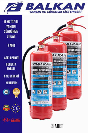 6 kg tozlu yangın söndürme cihazı +levha+Talimat+askı aparatı 3 adet
