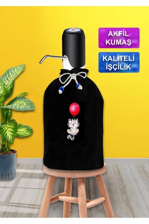 Siyah Damacana Kılıfı Balonlu Kedi Baskılı Siyah Kumaş Damacana Kılıfı