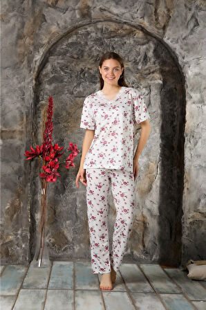 Kadın Homewear Bambu Pijama Takımı Kısa Kol  Yaka Güpür Detaylı