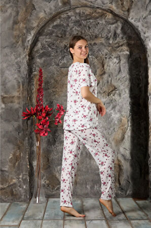 Kadın Homewear Bambu Pijama Takımı Kısa Kol  Yaka Güpür Detaylı