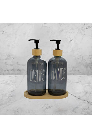 2’li Füme Mutfak Sıvı Sabunluk Seti Hands&dishes Bambu Tepsili