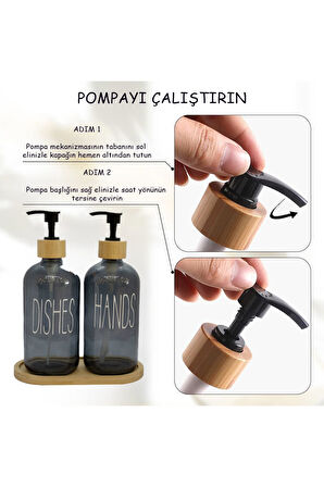 2’li Füme Mutfak Sıvı Sabunluk Seti Hands&dishes Bambu Tepsili