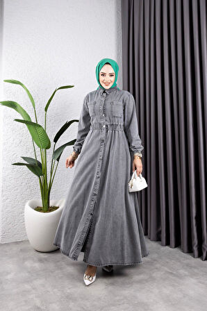 Kadın Belden Lastikli Cep Detaylı Kot Elbise