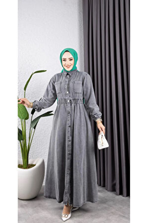 Kadın Belden Lastikli Cep Detaylı Kot Elbise