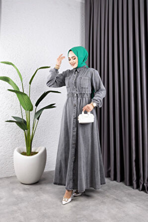 Kadın Belden Lastikli Cep Detaylı Kot Elbise