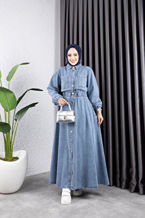 Kadın Belden Lastikli Cep Detaylı Kot Elbise