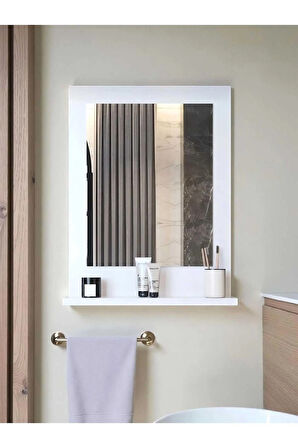 Beyaz Raflı Banyo Aynası 60x45