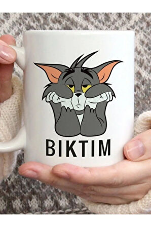 Bıktım Modlu Karantinada Yaşam Pazartesi Sendromu Tom ve Jerry Baskılı Beyaz Kupa Bardak