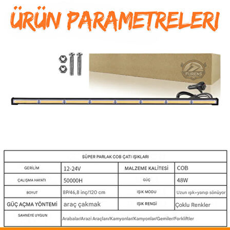 Turuncu Tepe Çakar Bar Led 120cm 12-24v  Off Road Çekici Traktör İkaz Lambası Çakar 15 Modlu