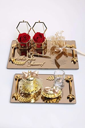 Gold Cam Dikdörtgen Yapraklı Söz Nişan Ve Damat Kahve Fincan Tepsi Seti