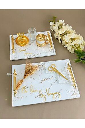 Söz Nişan Tepsi Seti Beyaz Renk Gold Desenli Kare Model