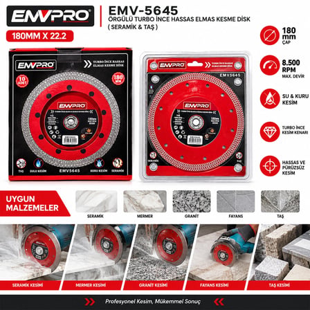 10 Adet Örgülü Turbo İnce Hassas Elmas Kesme Disk Seramik - Taş 180mmx22.2 Max 8.500prm Bx40