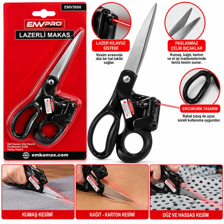 Lazerli Terzi Makas Pilli Kırmız Lazer Plastik Saplı Emv-5690 Bx40