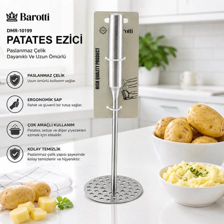 Yuvarlak Çap : 8cm Metal Saplı = 11.5cm Metal Patates Ezici Toplam Uzunluk : 26.5cm Bx40