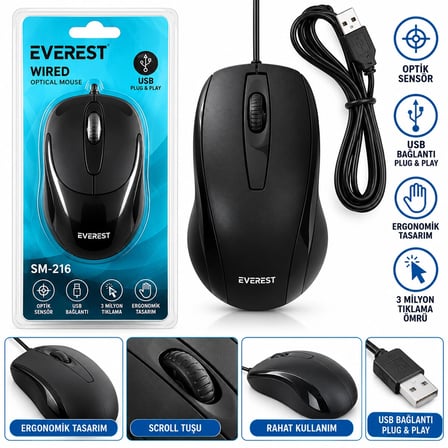 Kablolu Usb - Işıklı Siyah Optical Mouse 1200 Dpı Sm-216 Bx40