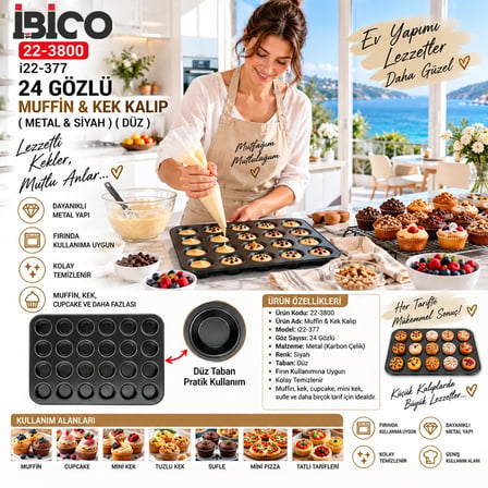 24 Gözlü Metal - Siyah Düz Muffin - Kek Kalıp Bx40