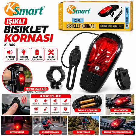 Bisiklet Kornası - Zil Işıklı 2xaa Pil 8 Fonksiyon Zil K-1169 Bx40