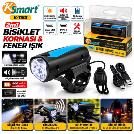 2ın1 Bisiklet Kornası - Bisiklet Fener Işık Usb - Type-c Şarjlı K-1183 Bx40