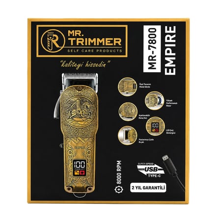 Saç Sakal Kesme Traş Makinesi Usb - Type-c Şarjlı - Led Gösterge 3-7-9-12mm Tarak Mr-7800 Bx40