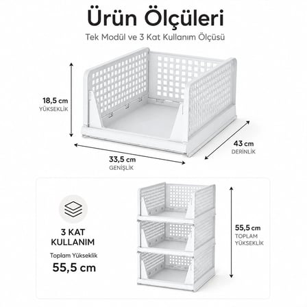 3 Katlı Portatif Organizer - Çok Amaçlı Kayar Raf 18.5x33.5x43cm Toplam 55.5cm Bx40