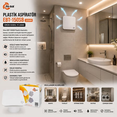 Plastik Aspiratör 150 Beyaz Banyo Tuvalet Havalandırma Aspiratörü 20w 2800rpm 320m3/h Ebt-150sb Bx40