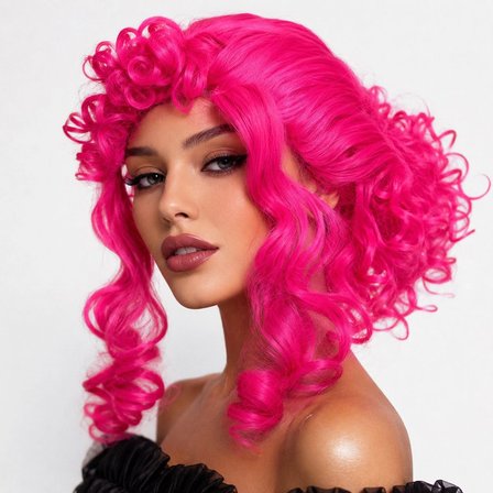 Neon Pembe Bukleli Kıvırcık Cosplay Peruğu - İçi Astarlı Bx40