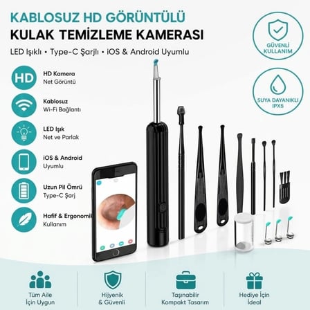 Siyah Kablosuz Hd Görüntülü Kulak Temizleme Kamerası, Led Işıklı Type-c Şarjlı İos Ve Android Uyumlu Kulak Temizleme Seti Bx40