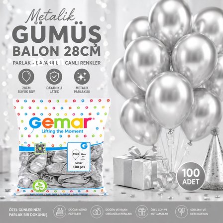 Gm-110-38 Metalik - Gümüş Balon 11&amp;apos;&amp;apos; - 28cm - 100 Parça Bx40