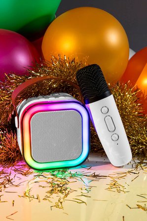 Karaoke Mikrofonlu Beyaz Bluetooth Hoparlör, Taşınabilir Müzik ve Eğlence Sistemi