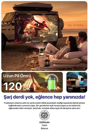 Taşınabilir LED Projeksiyon Cihazı, 1080P Çözünürlük ve 4K Destekli, Kablosuz Bağlantı Özellikli